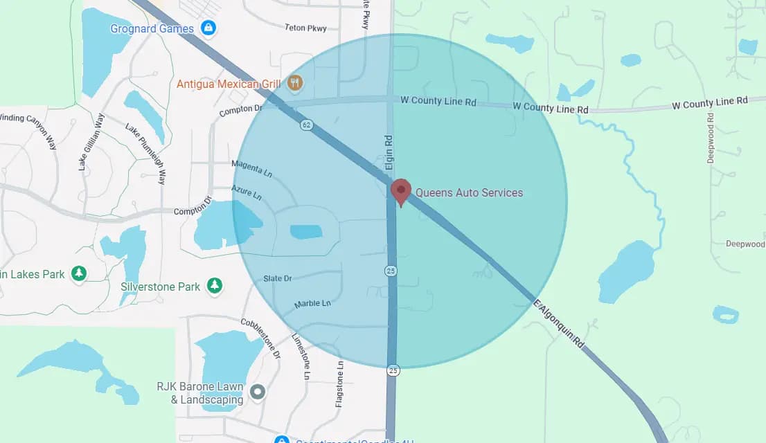 Map of Queens Auto Service service area in the greater Elgin area